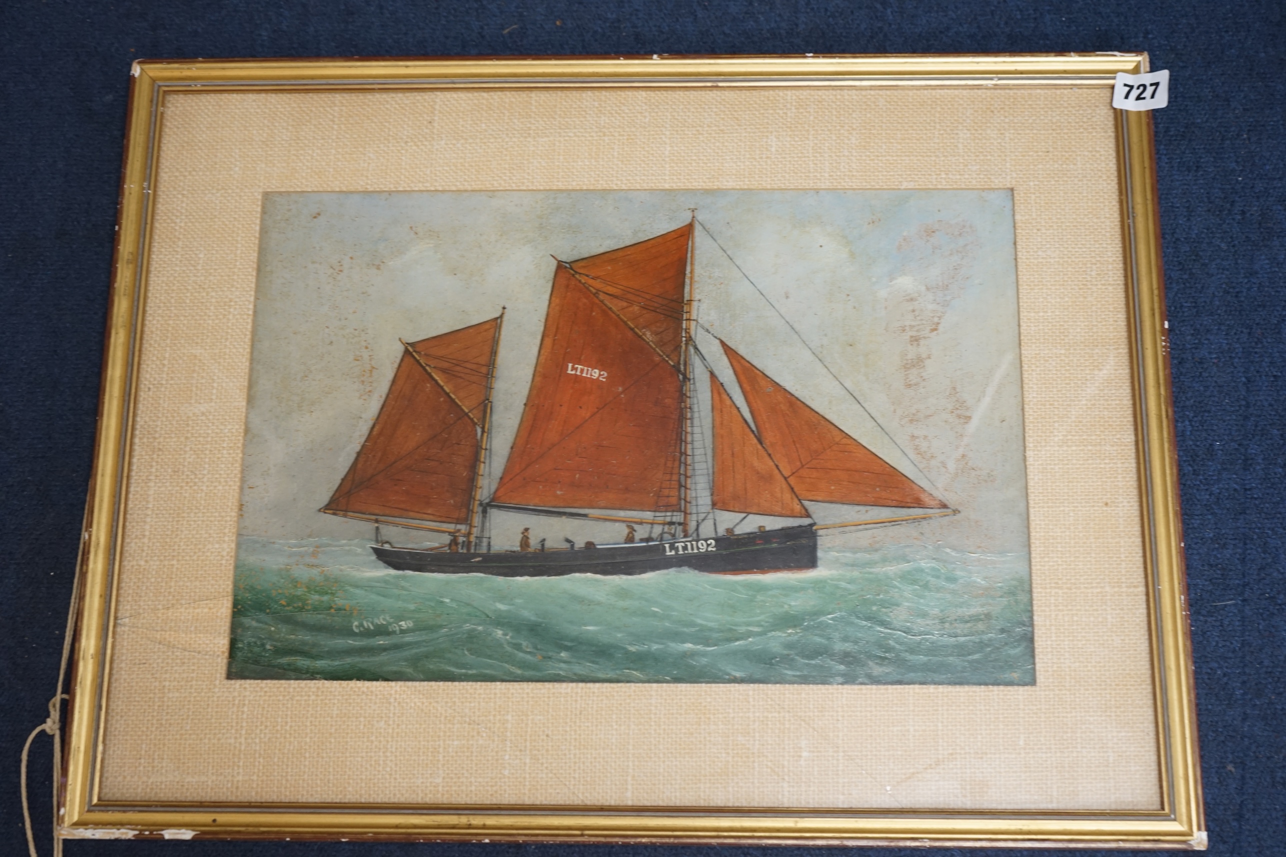 George Race (1872-1957), oil on board, ‘Lowestoft Trawler’, signed and dated 1930, together with a similar maritime interest oil on board, largest 39 x 54cm. Condition - poor